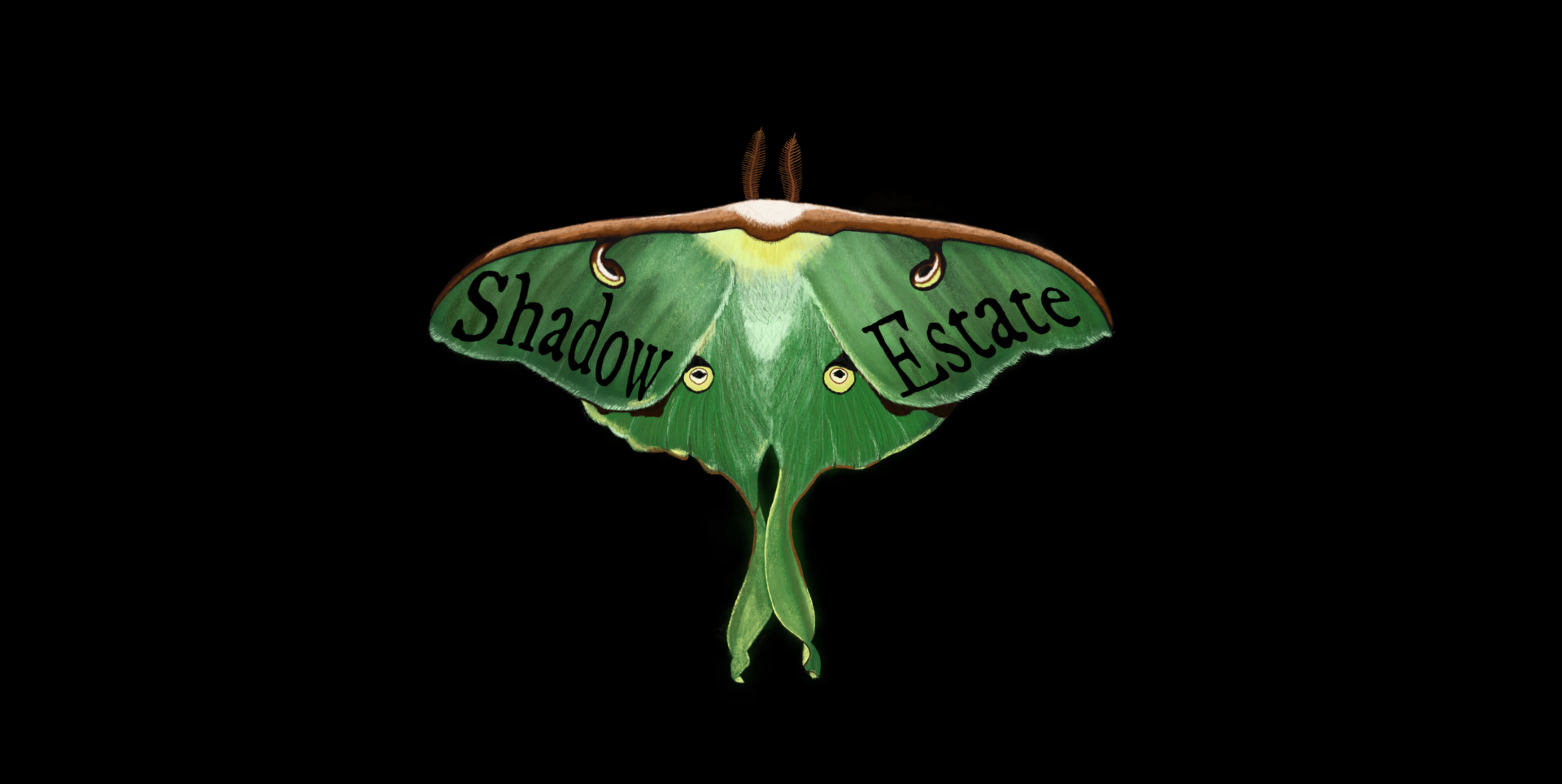 Luna moth with wings wide with Shadow Estate text on the wings.